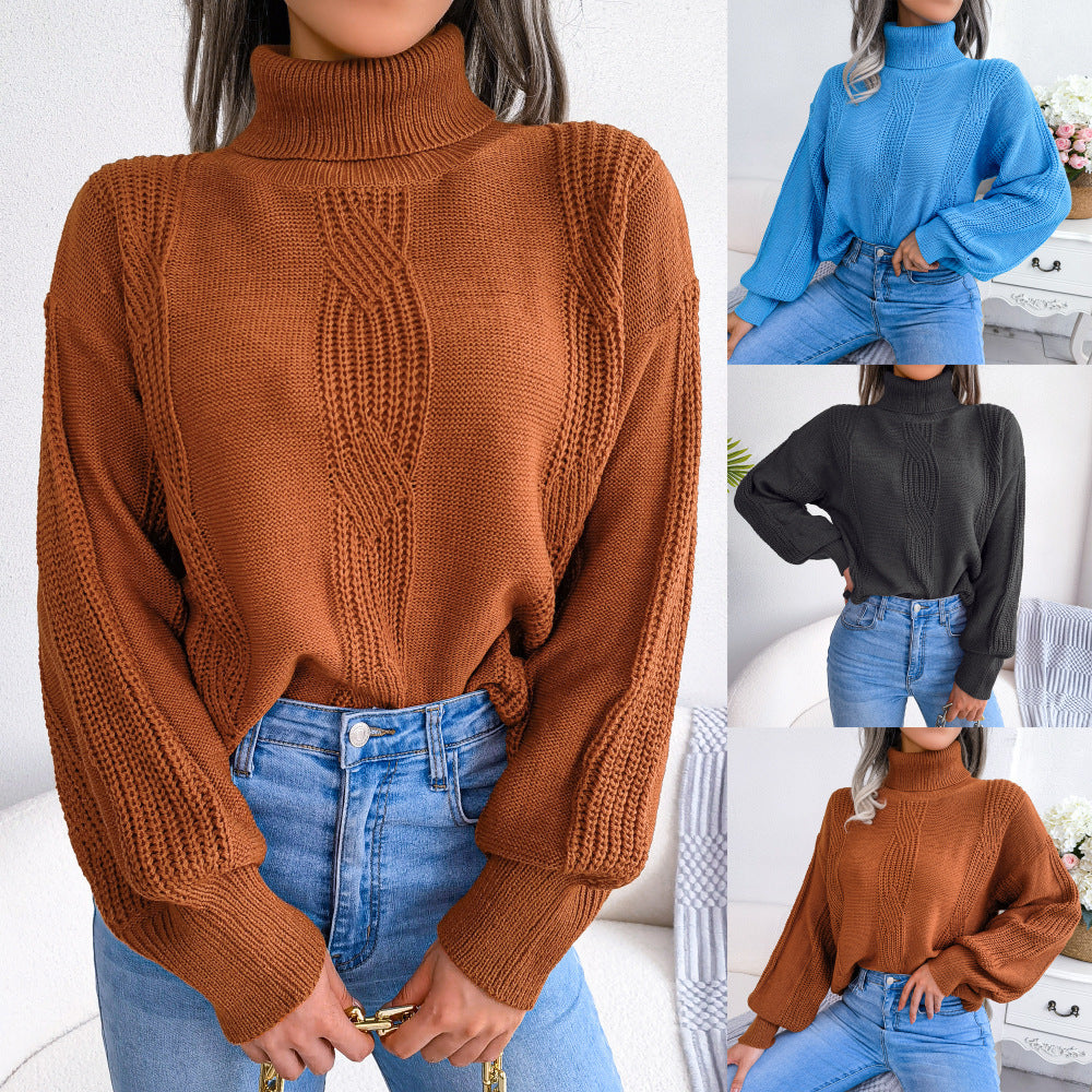 High Neck Fried Dough Twist Lantern Sleeve Bottomed Sweater For Women