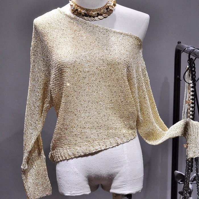 Sequined Slant Shoulder Bright Silk Gold Thread Pullover Top