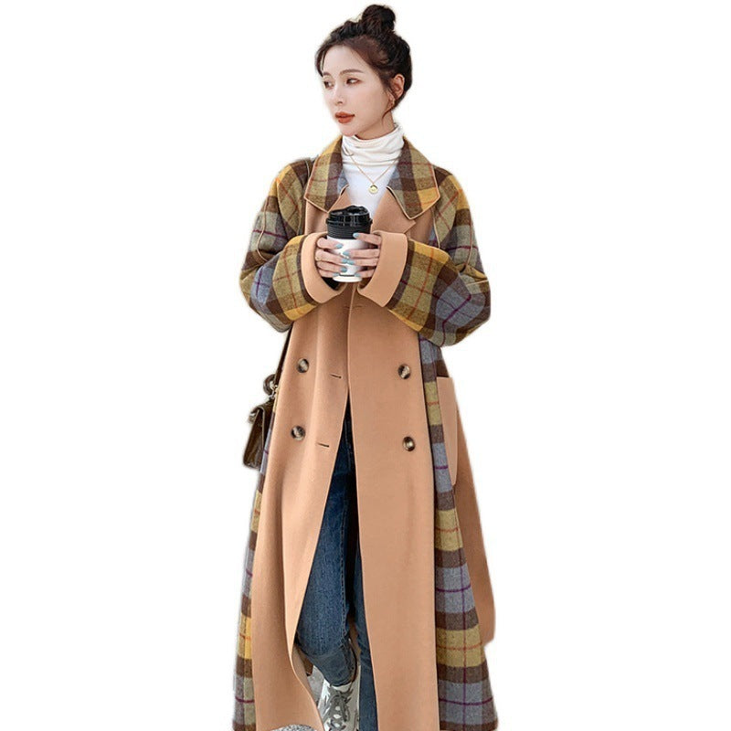 Women's Color Matching Plaid Suit Collar Waist Double-sided Woolen Coat