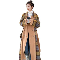 Women's Color Matching Plaid Suit Collar Waist Double-sided Woolen Coat