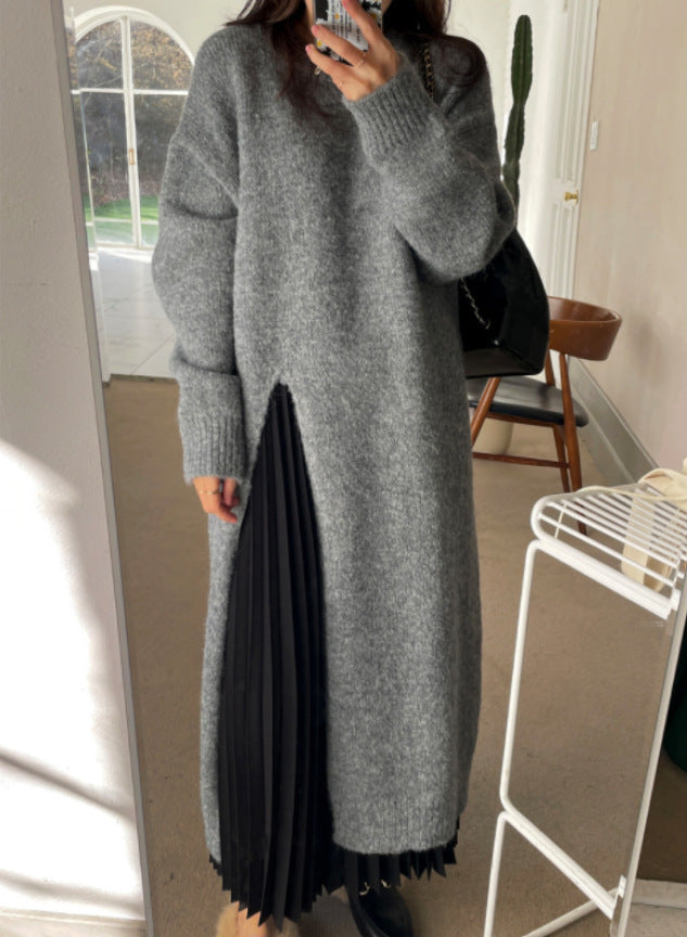 Loose And Idle Pullover Side Slit Over The Knee Knitted Sweater Dress