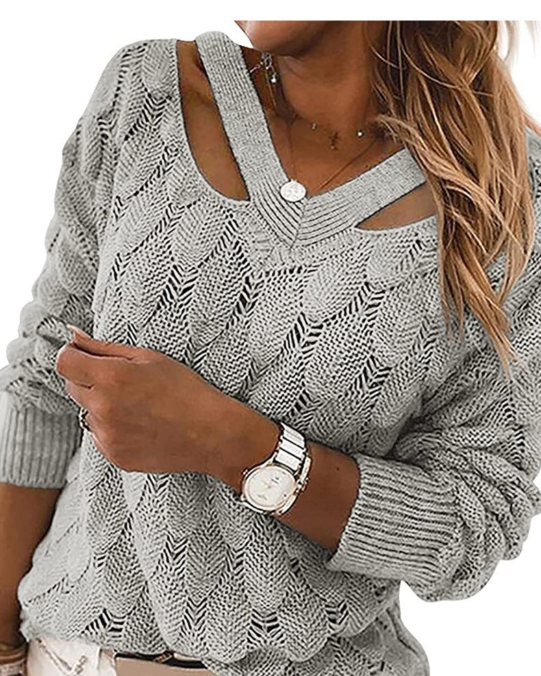 Autumn And Winter Fashion Knitwear V-neck Off-the-shoulder Long-sleeved Sweater