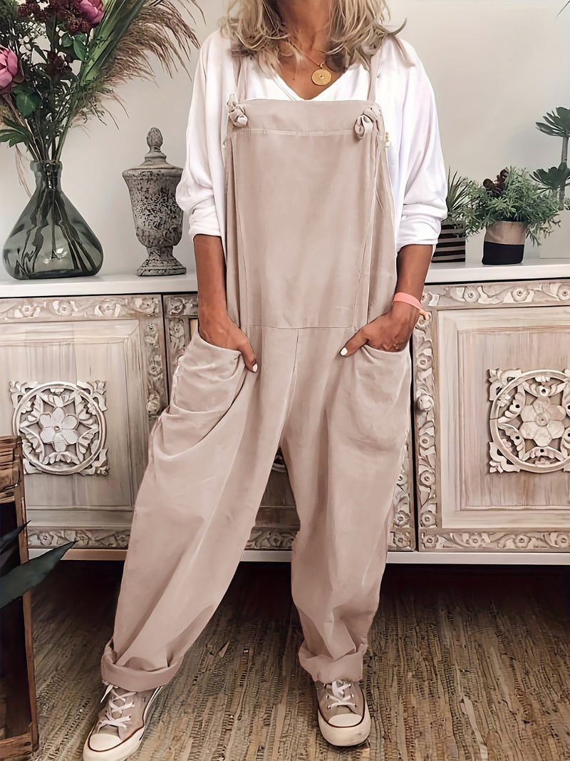 Women's Solid Color Casual Pocket Lace-up Adjustable Jumpsuit