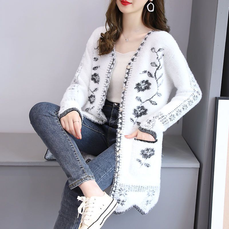 Autumn And Winter Cardigan Knitwear Women's Mid-length Sweater Coat