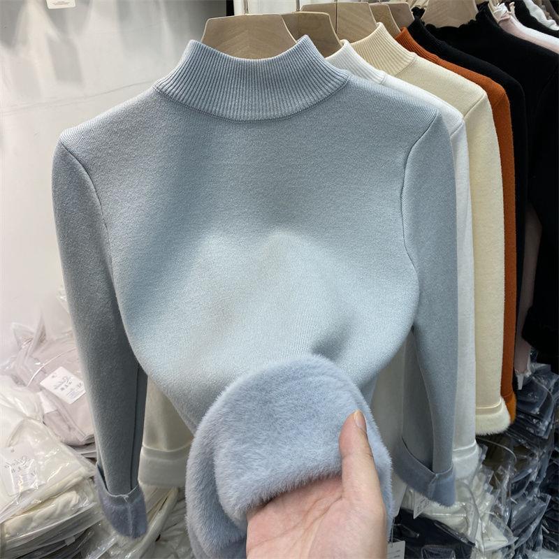 Women's Autumn Plush Thickened Half High Collar Solid Color Knitted Undercoat Sweater