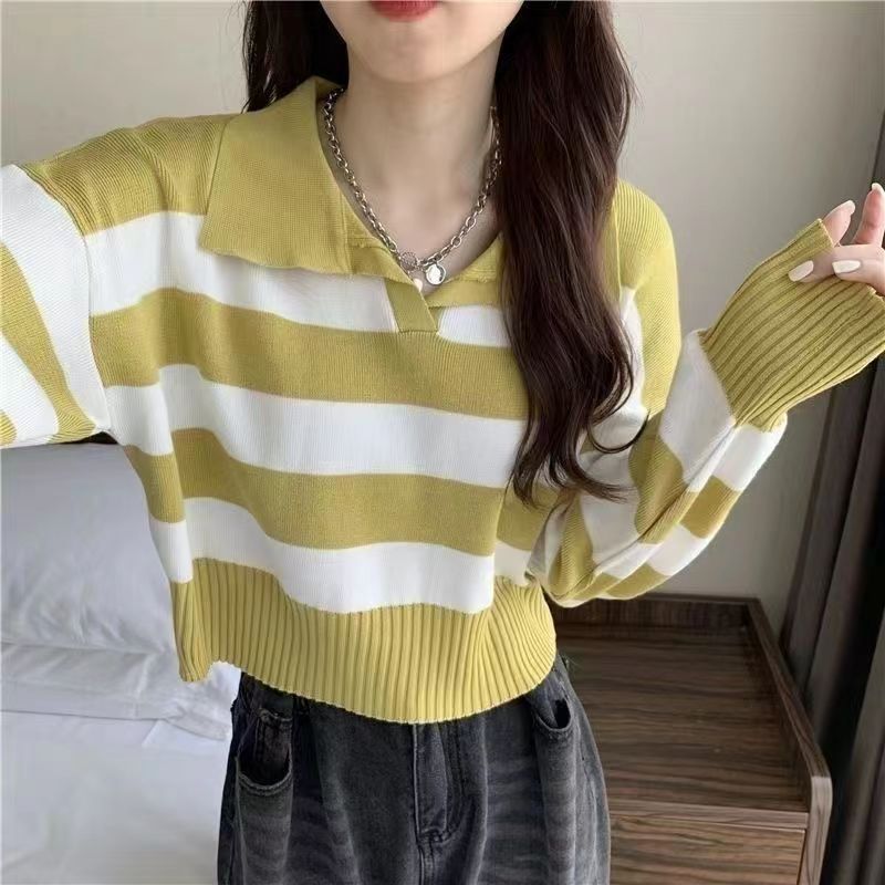 Polo Collar Stripes Knitwear Loose Small Short Sweater Autumn And Winter