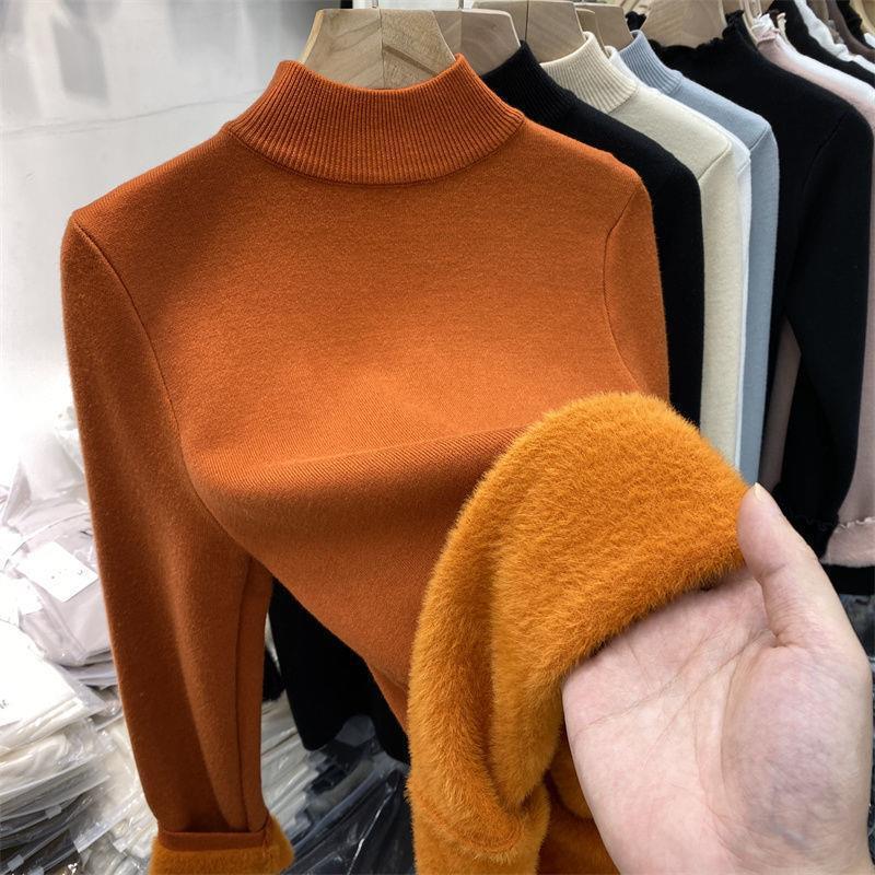 Women's Autumn Plush Thickened Half High Collar Solid Color Knitted Undercoat Sweater