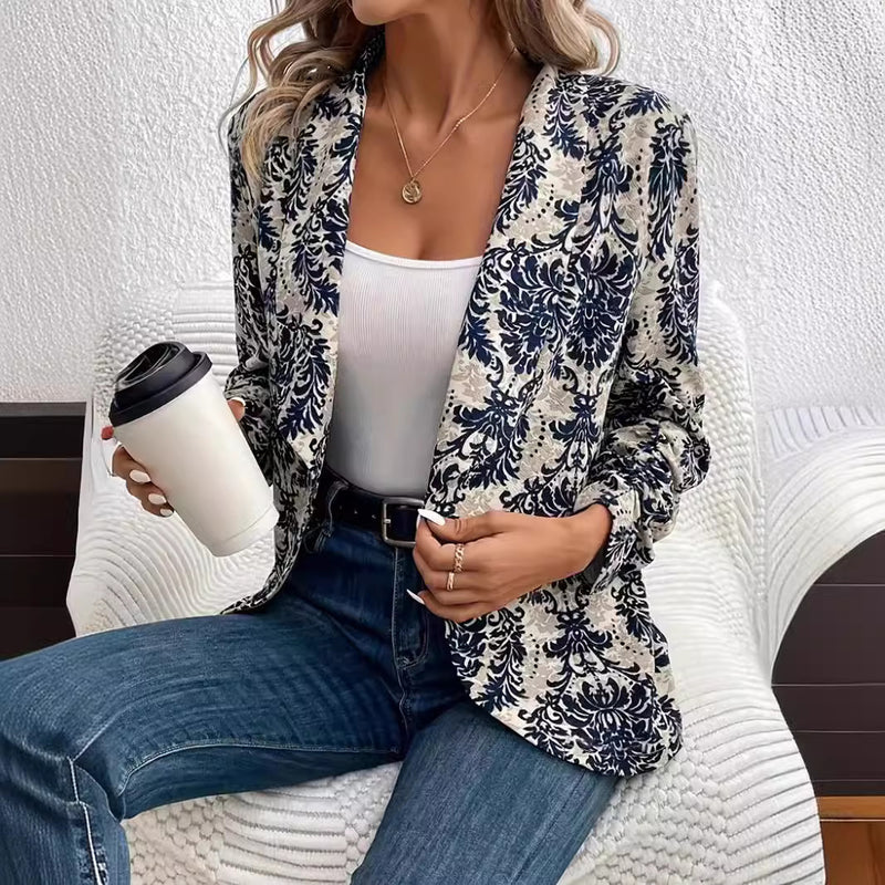 Women's Fashionable Cardigan Lapel Long Sleeve Printed Jacket Small Suit