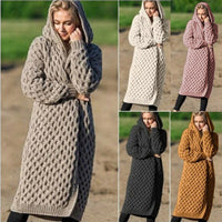 Solid Color Women's Long Knit Sweater Hooded Cardigan Jacket