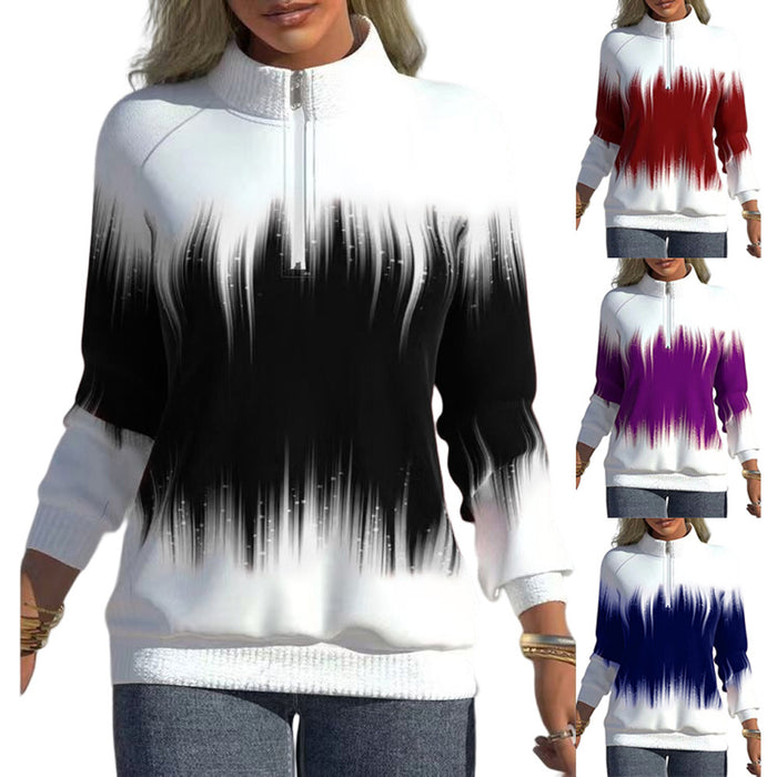 Women's New Gradual Color Printed Zipper Long Sleeve Sweater