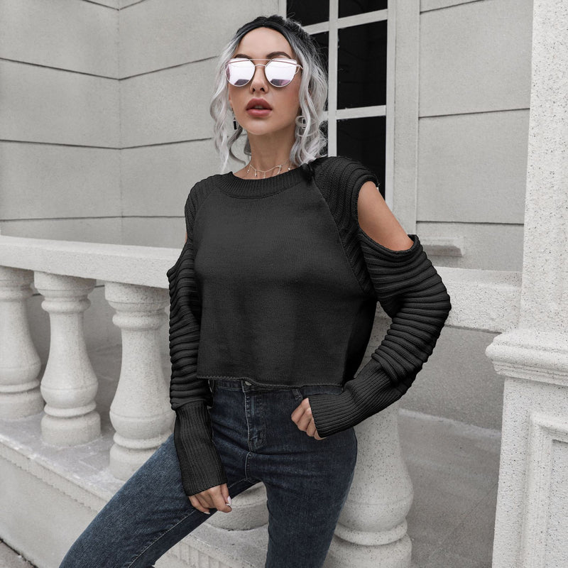 Women's Loose Long Sleeve Design Off Shoulder Short Sweater