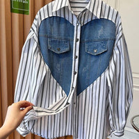 Design Sense Niche Loose Casual Love Denim Patchwork Stripes Shirt