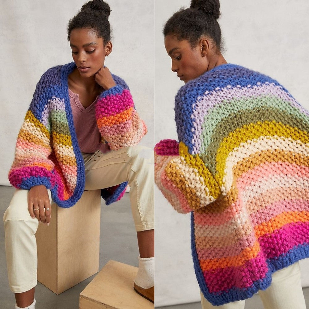 Handmade Rainbow Striped Contrast Color Thick Needle Sweater Coat