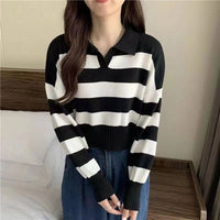 Polo Collar Stripes Knitwear Loose Small Short Sweater Autumn And Winter