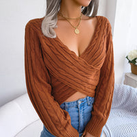 Cross V-neck Twist Long Sleeves Cropped Sweaters Women's Clothing