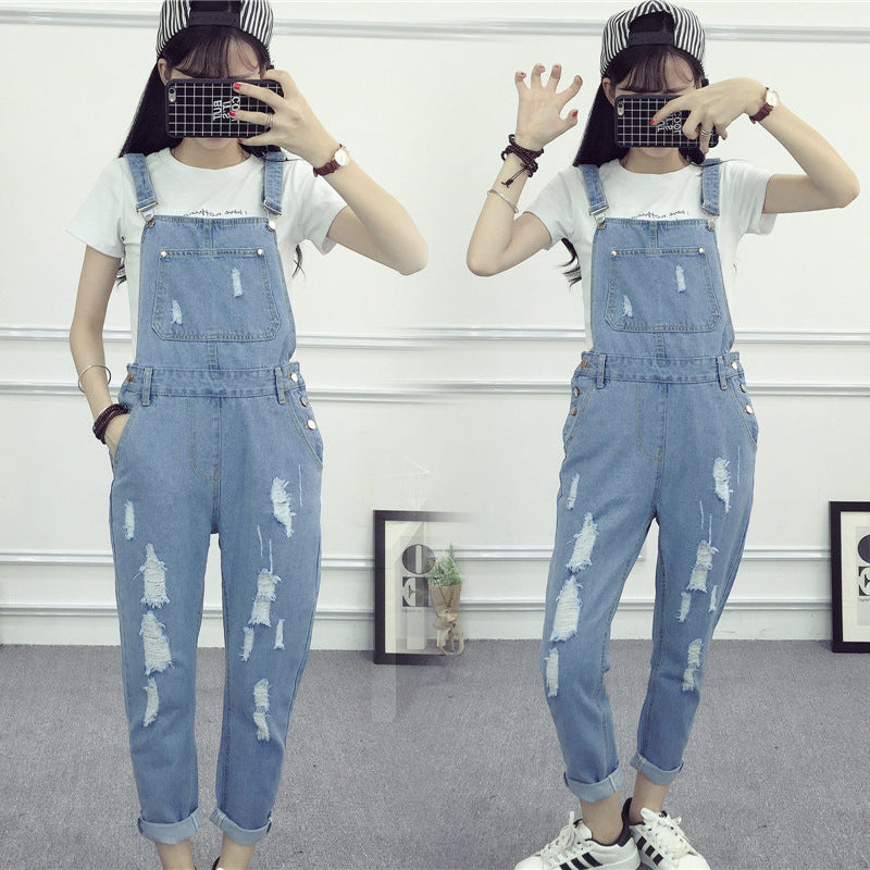 Spring And Autumn Casual Cool Ripped Denim Brace Trousers