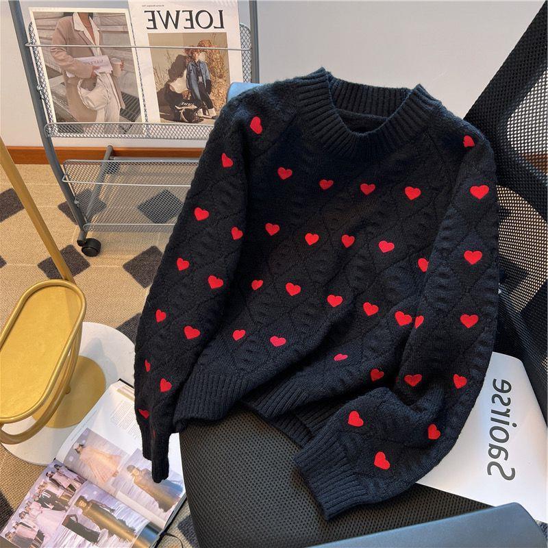 Heart Printing Cable-knit Sweater Women