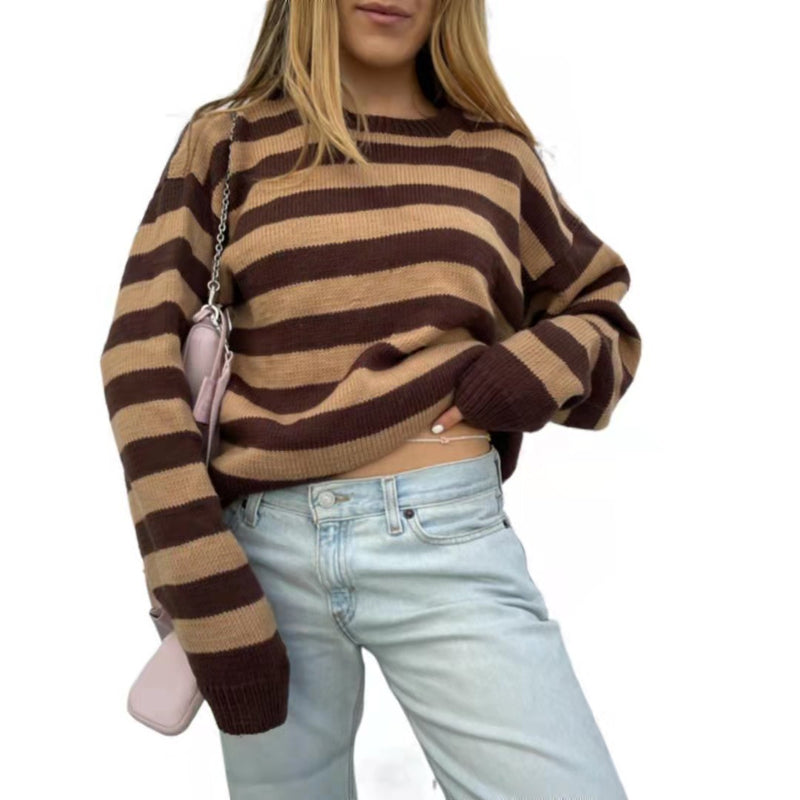 Brown Knitting Stripe Round Neck Street Trendy Pullover Sweater Top