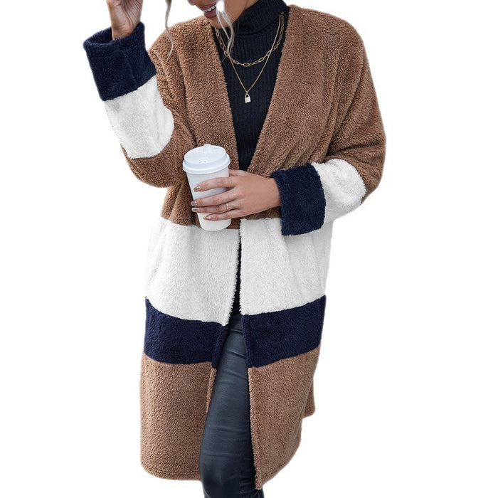 Double-sided Woolen Color-blocking Mid-length Cardigan Windbreaker Jacket