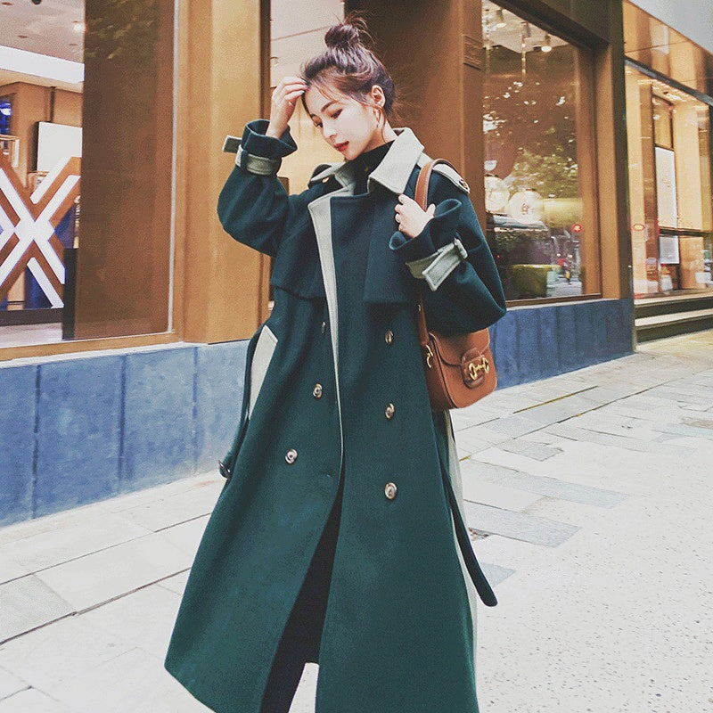 Women's Fashion Stitching Dark Green Woolen Coat In Winter