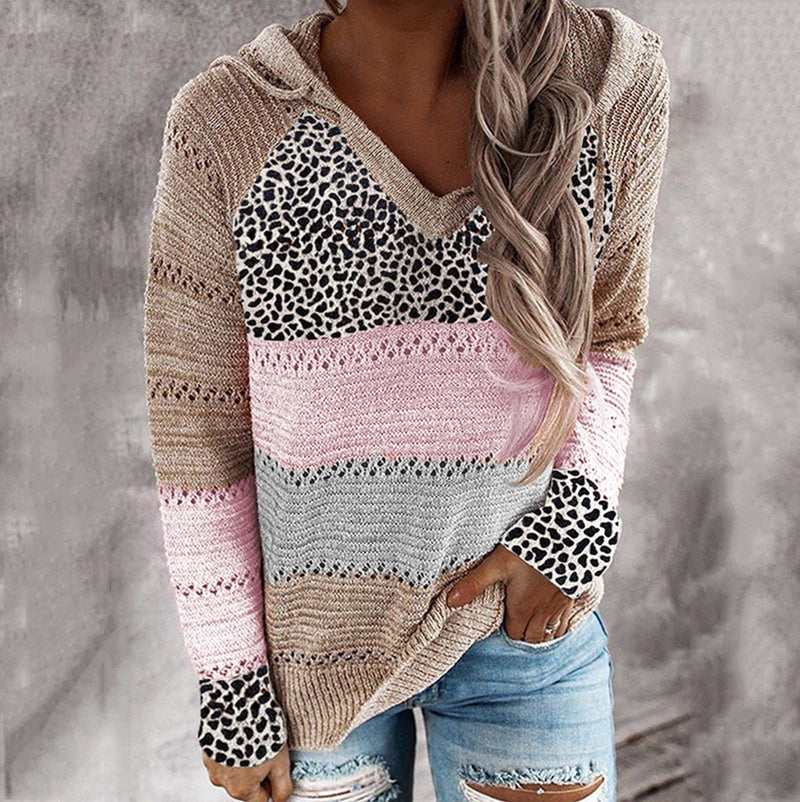 Stripe Loose V-Neck Hooded Long Sleeve Sweater