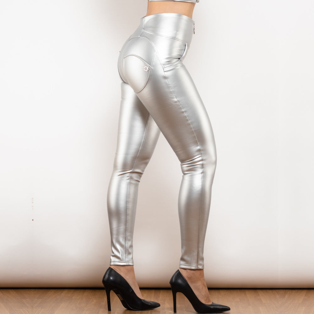 Shascullfites Melody Silver Leather High Waist Pants With Ring Zipper Sexy Tight Hip Scrunch Bum Leather Leggings