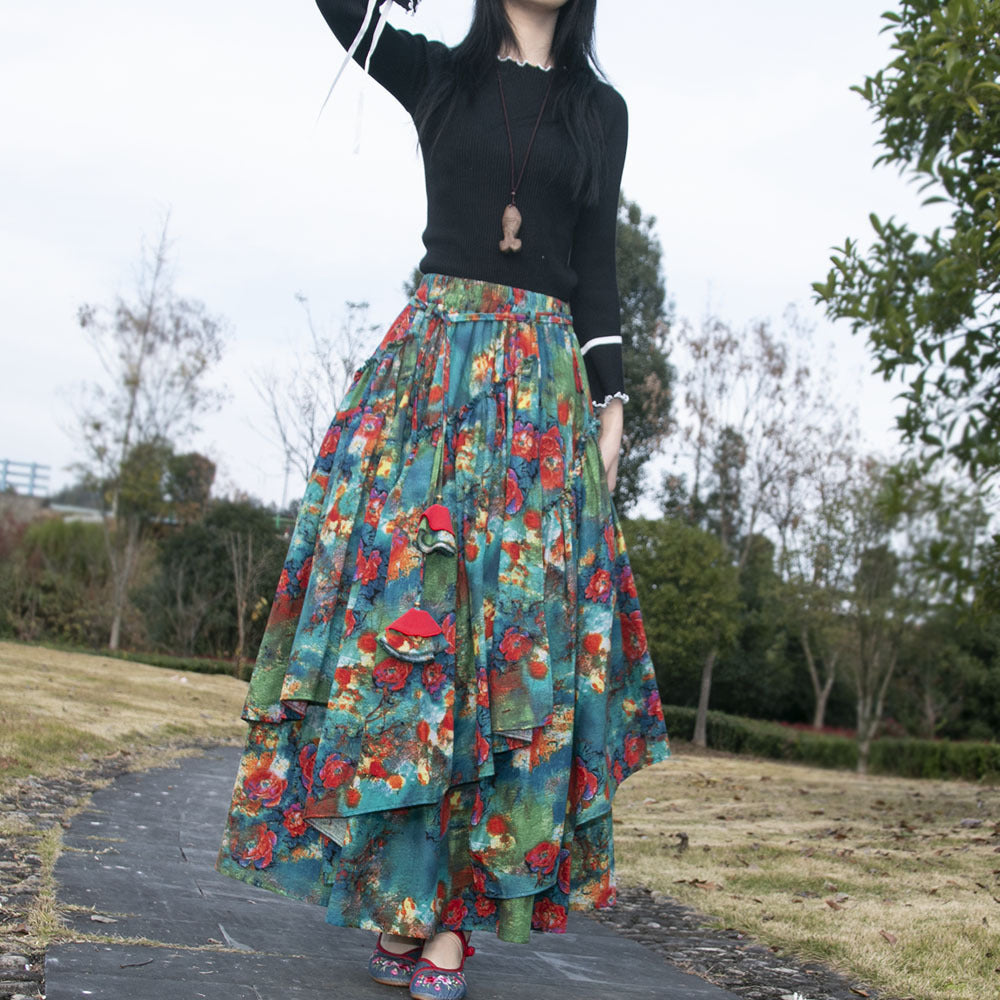 Ethnic Style Women's Cotton And Linen Printed Skirt