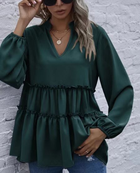 Solid Color And V-neck Ruffled Hem Shirt