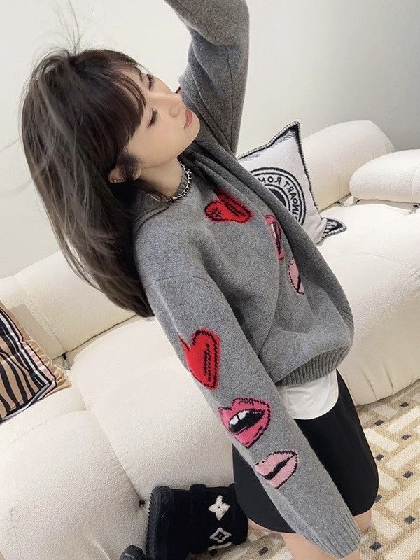 Heavy Handmade Jacquard Pattern Cashmere Round Neck Knitted Sweater For Women