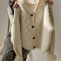 Women's V-neck Puff Sleeve Linen Pattern Loose Knitted Cardigan Sweater Coat