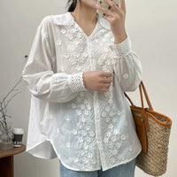 Three-dimensional Flower Embroidered Lapel Single-breasted Long Sleeve Shirt For Women