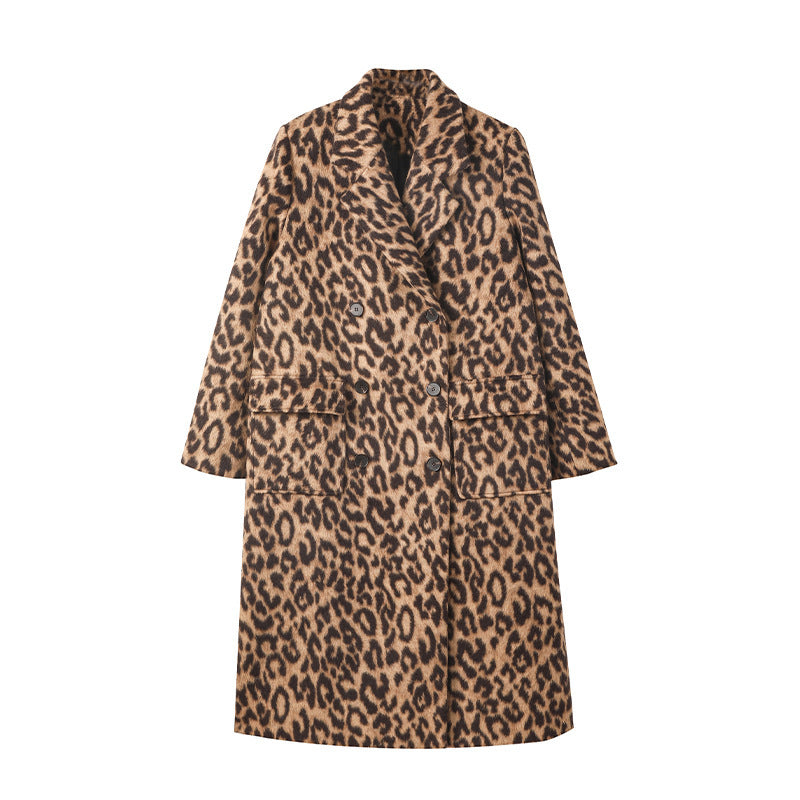 Women's Long Winter Leopard Print Woolen Coat