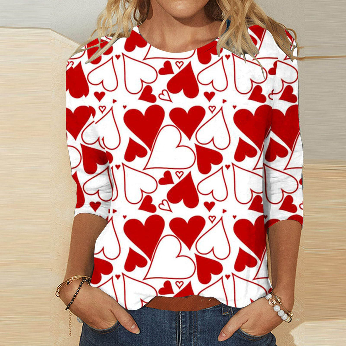 Valentine's Day Female With Hearts Printing Crew Neck T-shirt Top