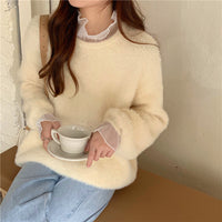 Soft Glutinous Autumn And Winter New Gentle Mink-like Wool Thickened Outer Wear Loose Long-sleeved Stitching Pullover Knitted Sweater For Women