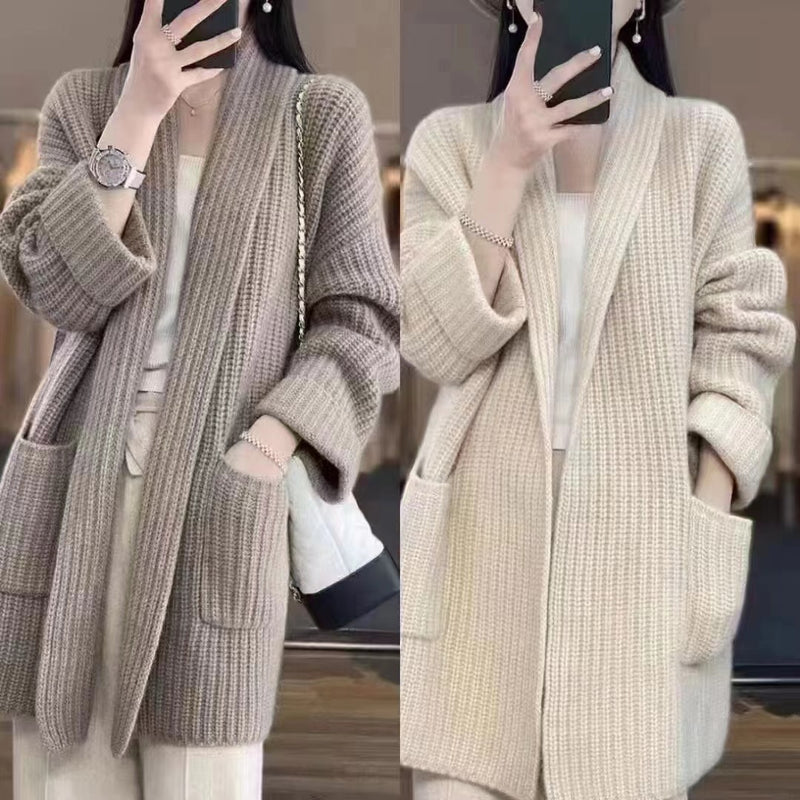 New Lazy Wind Mid-length V-neck Sweater Coat Women