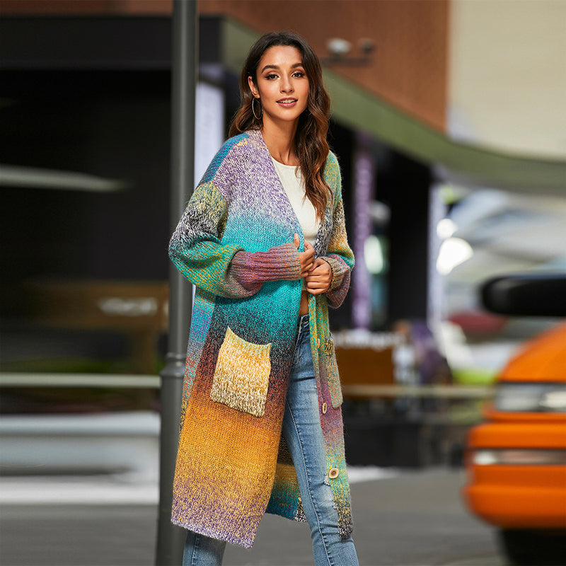 Knitted Sweater Loose Rainbow Long Coat Wool Cardigan