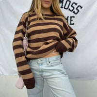 Brown Knitting Stripe Round Neck Street Trendy Pullover Sweater Top