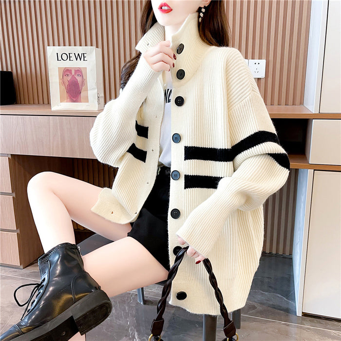 Women's New Design Niche Stand-up Collar Sweater Cardigan Coat