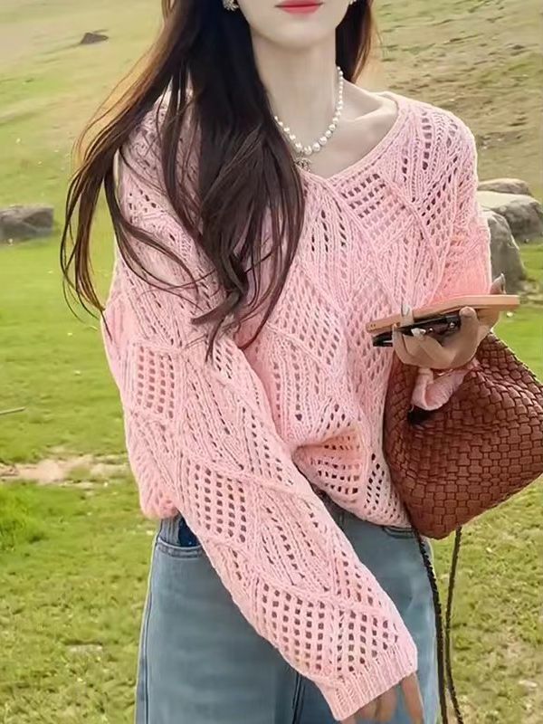 Hollow Sweater V-neck Long Korean Style Loose