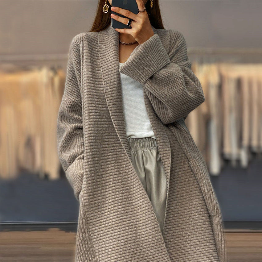 Solid Color Knitted Cardigan Loose Pockets Sweater Coat