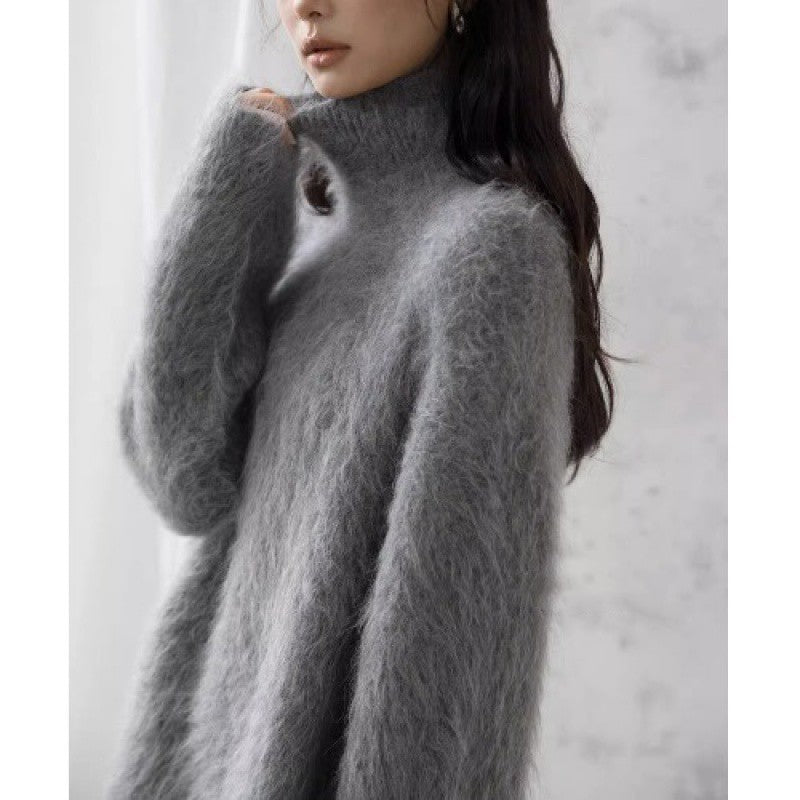 Gray Mohair Turtleneck Sweater For Women