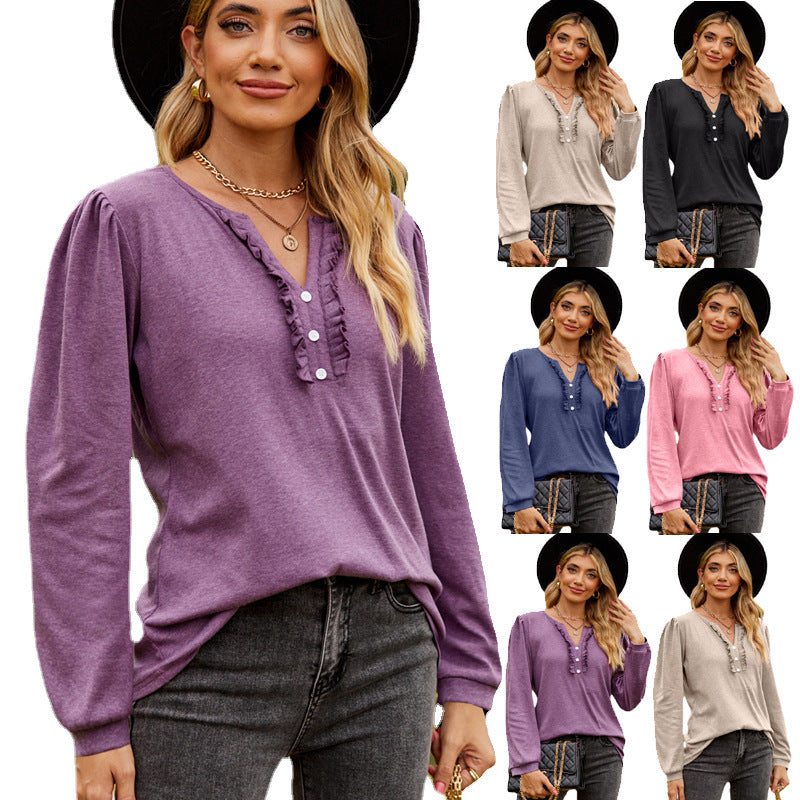 Solid V-neck Button Wooden Ear Edge Long Sleeve Top