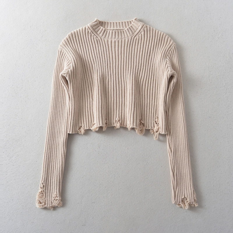 Frayed Round Neck Pullover High Waist Short Thickened Sweater