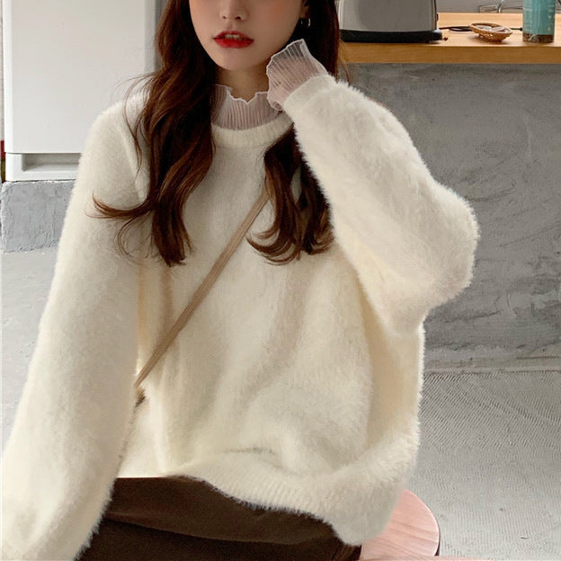 Soft Glutinous Autumn And Winter New Gentle Mink-like Wool Thickened Outer Wear Loose Long-sleeved Stitching Pullover Knitted Sweater For Women