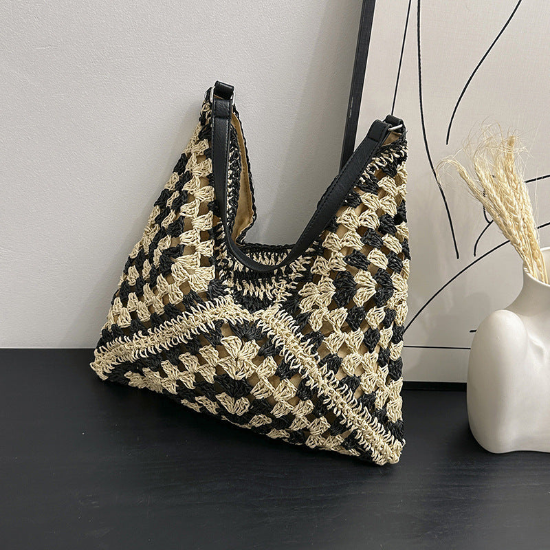 Women's Fashion Handmade Straw Woven Hollow Contrast Color Weave Shoulder Bag