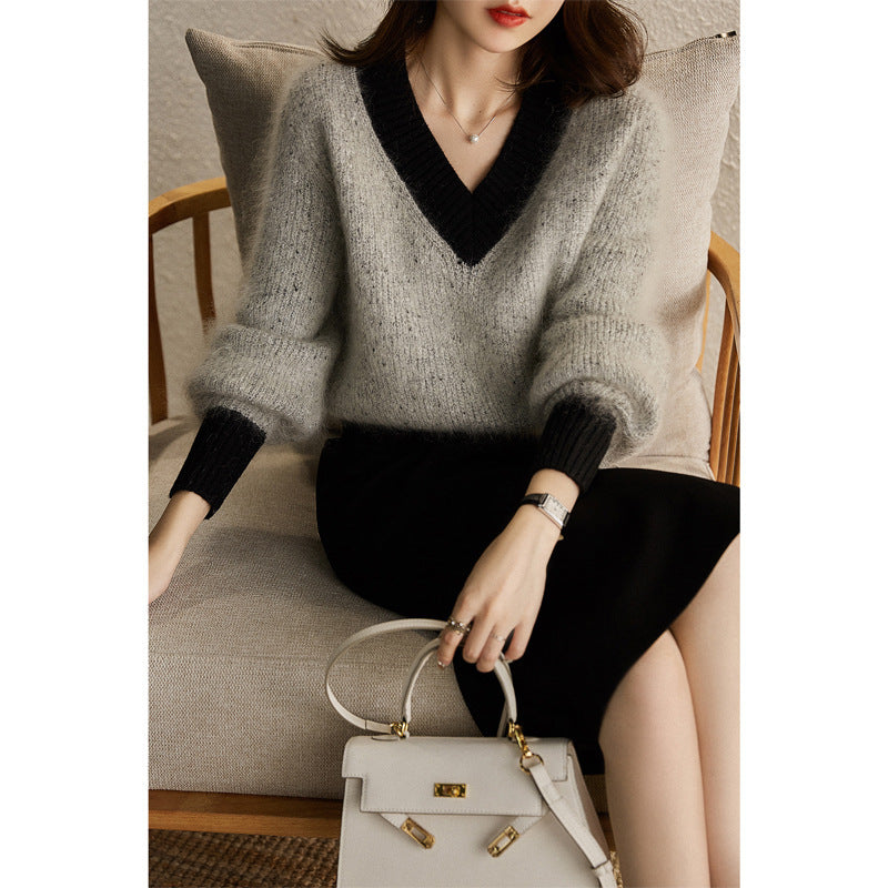 Western Style V-neck Fluffy Sweater Fashion And Elegance