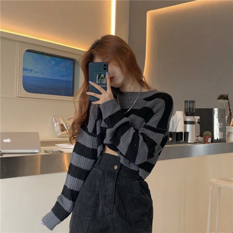 Short Top Women's Outer Wear Pullover Stripe Sweater