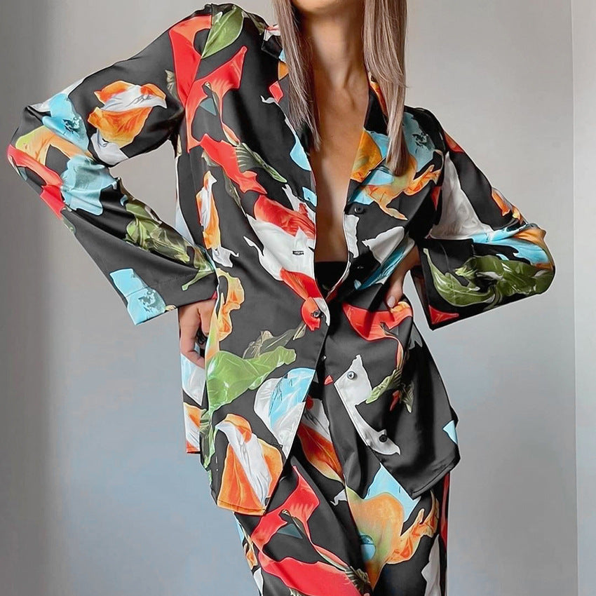 Women's Fashion Print Top Wide Leg Pants Suit