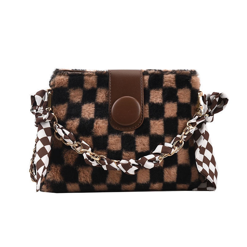 Plush Checkerboard One-shoulder Messenger Bag