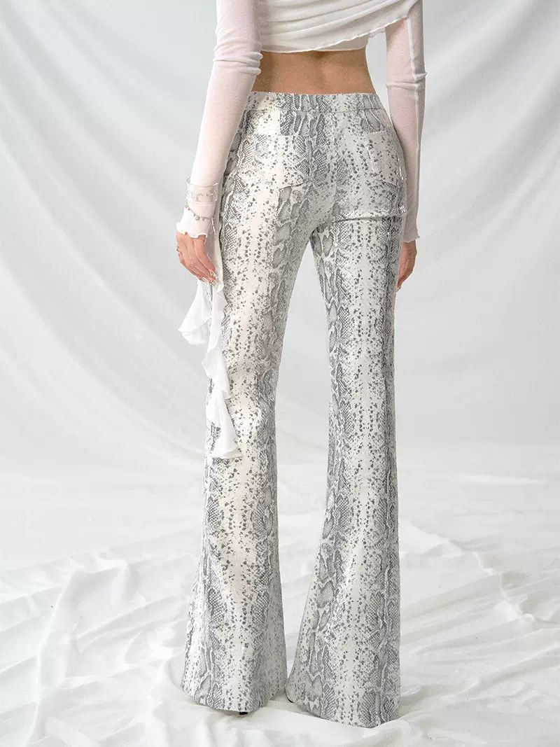 Low Rise Snake Print Sequin Slim Fit Flared Pants